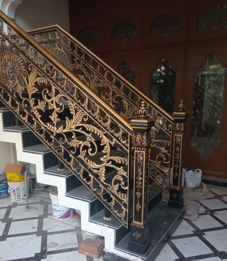 Ornate Black & Gold Stair Railing - Karachi Metal Art